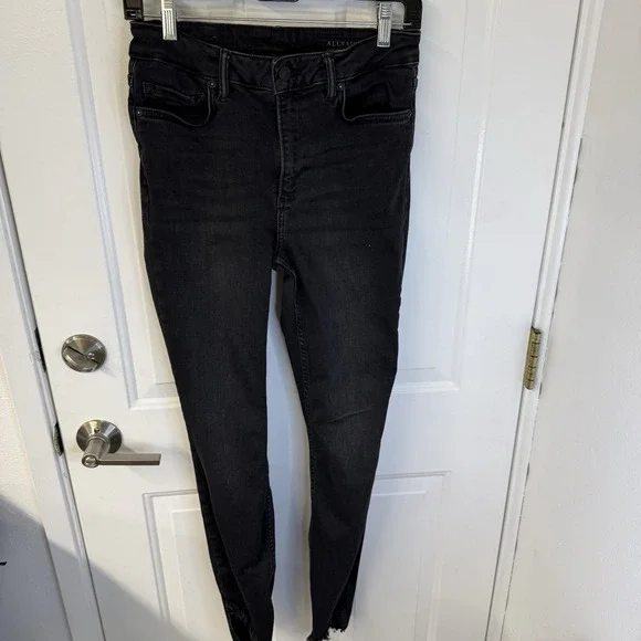 All Saints Dax Asymmetric Raw Hem Jeans Black Skinny Stretch Womens Size Med - Picture 1 of 6